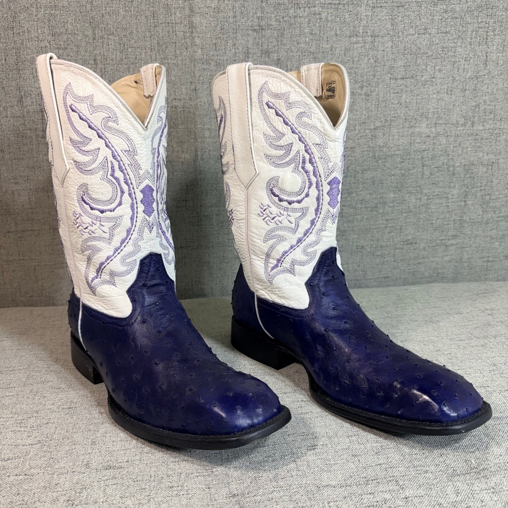 JC Boots Men 12 Full Quill Ostrich Cowboy Boots Purple White Square Toe Mexico